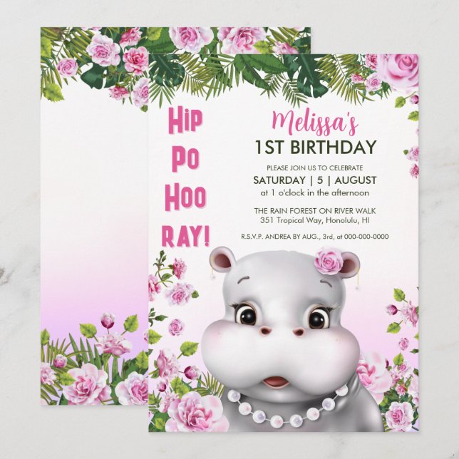 Invitation Hippo perles rose floral fille anniversaire (Devant / Derrière)