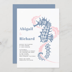 Invitation Hippocampe, algues bleu poussiéreux, mariage sur l