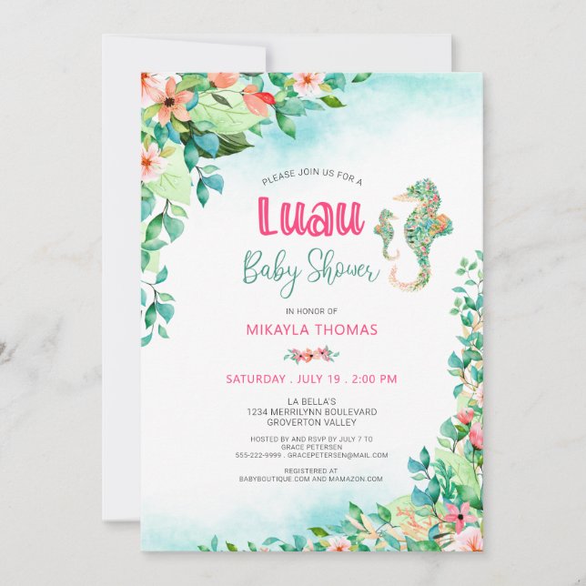 Invitation Hippocampe de Baby shower de Luau à la flore tropi (Devant)