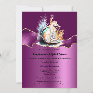 Invitation Hippocampe doré violet coquillage corail océan