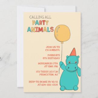 Invitation Hippopotame de dessin animé, animal de fête au bal