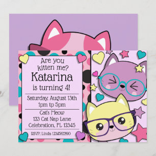 Invitation Hipster Nerdy Kitten Cats Girls Anniversaire