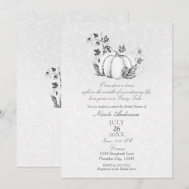 Invitation Histoire Argent Blanc Citrouille Fairy Tale Bride (Devant / Derrière)