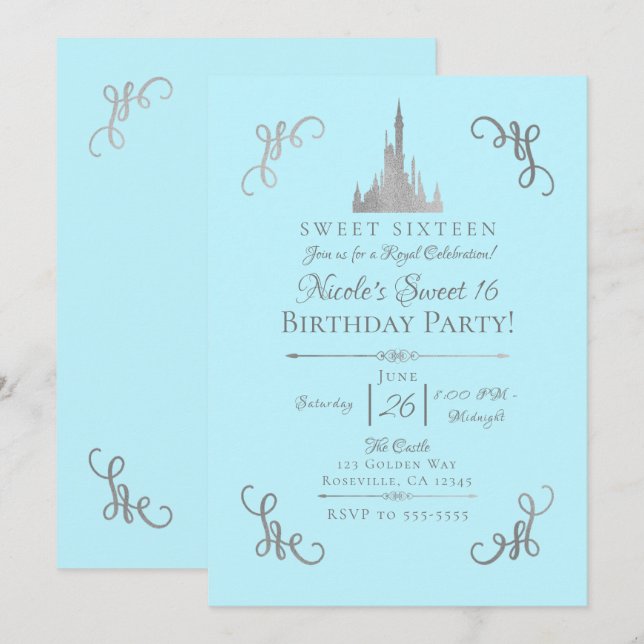 Invitation Histoire de princesse Silver & Blue pour fête Swee (Devant / Derrière)
