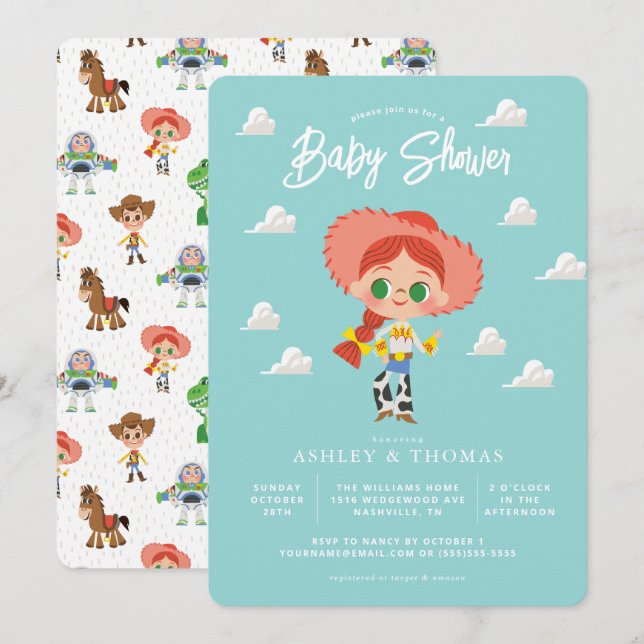 Invitation Histoire du jouet | Baby shower Jessie (Devant / Derrière)