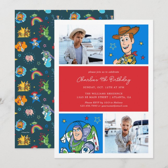 Invitation Histoire du jouet | Buzz et Woody Boy's Photo Anni (Devant / Derrière)