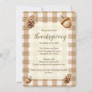 Invitation Hiver Acorns Pine Cônes Brown En vichy Thanksgivin