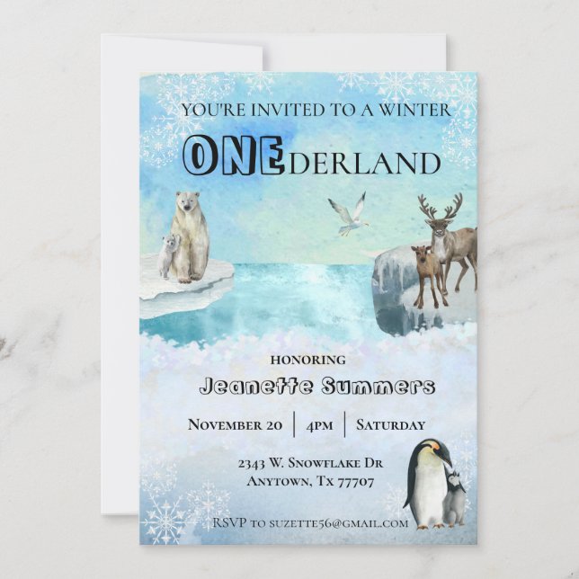 Invitation Hiver Animal de l'Arctique Anniversaire 1er Premie (Devant)