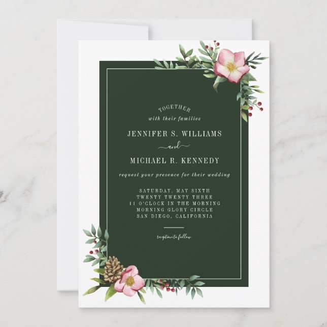 Invitation Hiver Aquarelle Noël Rose Greens (Devant)