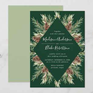 Invitation Hiver Aquarelle Pine Cône Cadre Vert Mariage