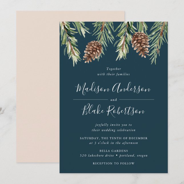 Invitation Hiver Aquarelle Pine Cone Mariage de la marine (Devant / Derrière)