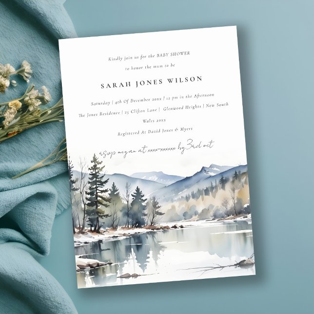 Invitation Hiver Baby shower paysager du lac de la neige (Créateur téléchargé)