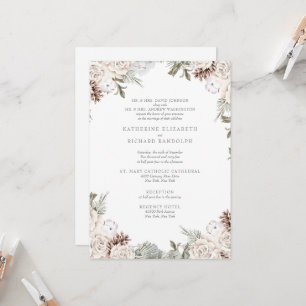 Invitation Hiver Blanc Floral Pine Cône Élégant Les deux pare