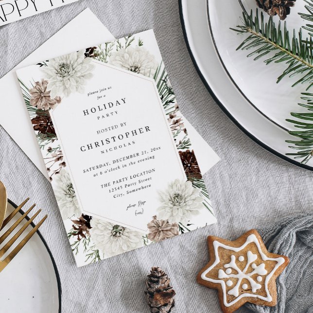 Invitation Hiver Blanc Floral & Pine Noël ou Fêtes (Créateur téléchargé)