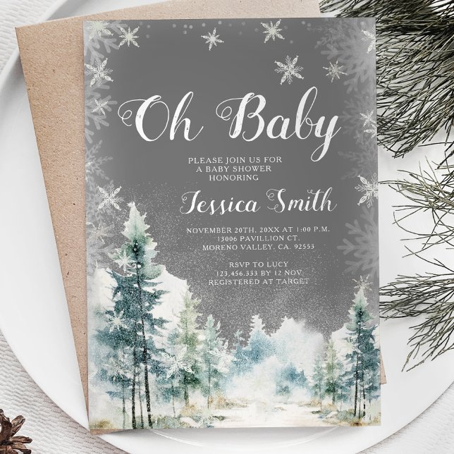 Invitation Hiver Blanc Pins de Neige Arbres Oh Baby shower (Créateur téléchargé)