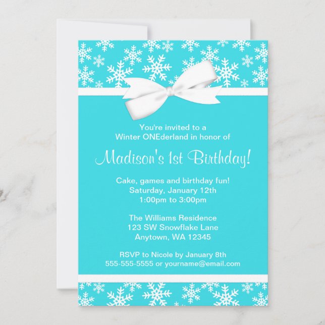 Invitation Hiver blanc turquoise ONEderland d'arc de flocons (Devant)