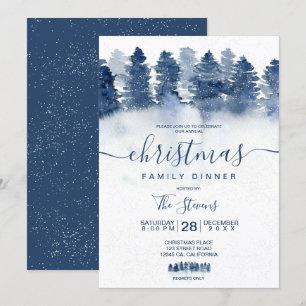 Invitation Hiver bleu forêt bois aquarelle neige Noël