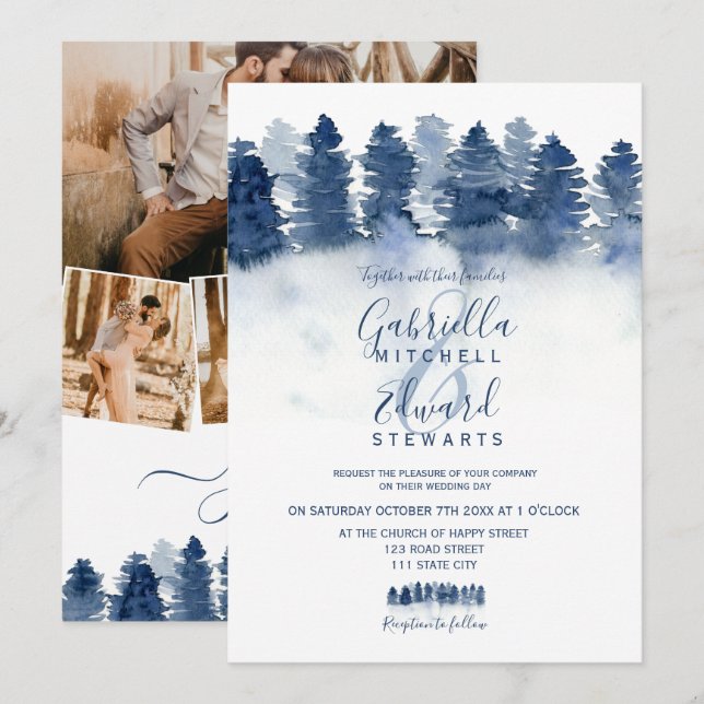 Invitation Hiver bleu forêt bois aquarelle photo mariage (Devant / Derrière)