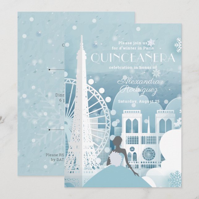 Invitation Hiver bleu glace à Paris (Devant / Derrière)