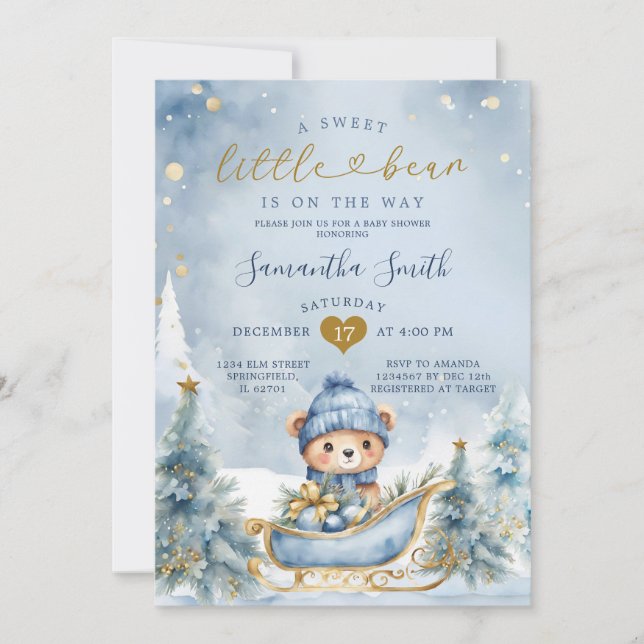 Invitation Hiver Bleu Petite Ours sur le chemin Baby shower (Devant)