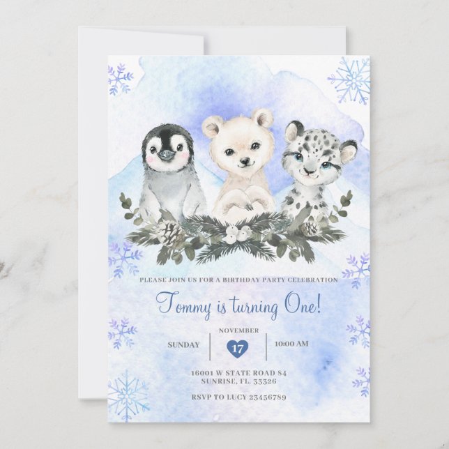 Invitation Hiver Blue Arctic Mountain Onedeland Anniversaire (Devant)