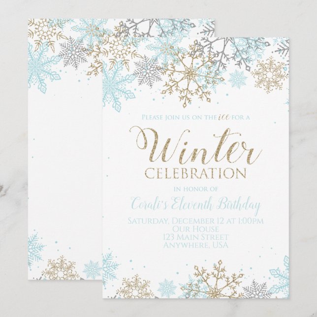 Invitation Hiver Blue Gold Silver Snowflakes Anniversaire (Devant / Derrière)