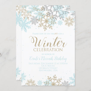 Invitation Hiver Blue Gold Silver Snowflakes Anniversaire