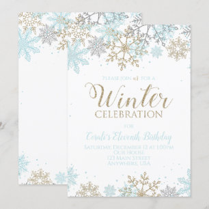 Invitation Hiver Blue Gold Silver Snowflakes Anniversaire