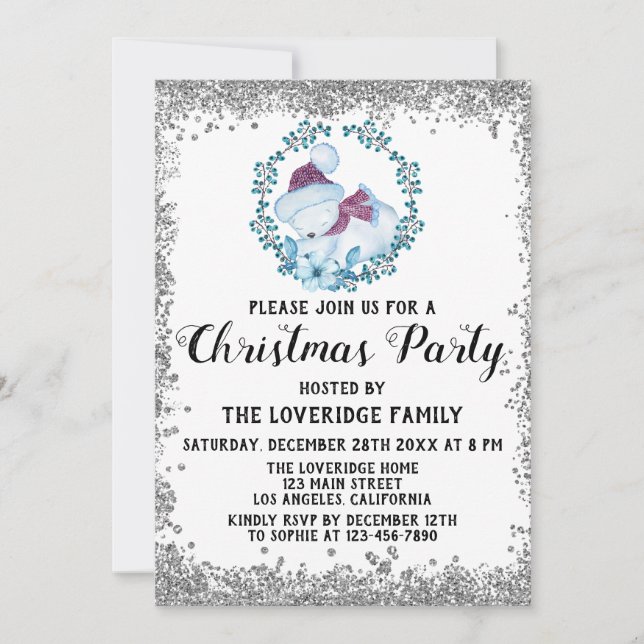 Invitation Hiver Blue Wreath Fête de Noël Argent (Devant)