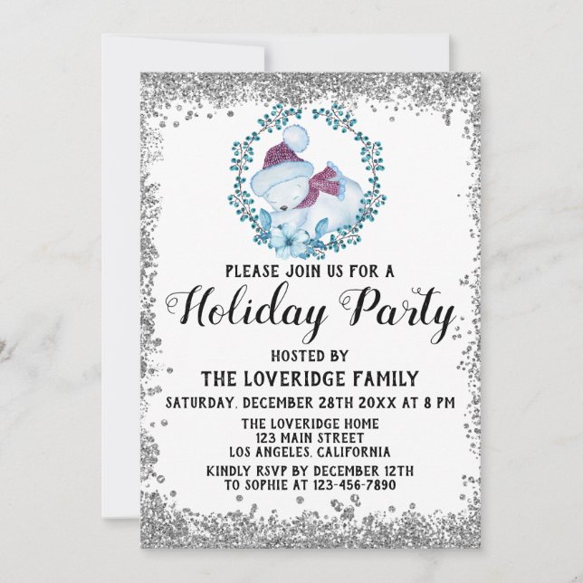 Invitation Hiver Blue Wreath Noël Fête Argent (Devant)