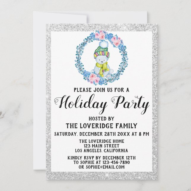 Invitation Hiver Blue Wreath Noël Fête Argent (Devant)