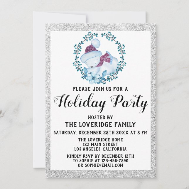 Invitation Hiver Blue Wreath Noël Fête Argent (Devant)