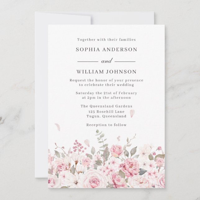 Invitation Hiver Blush Elegant Aquarelle Fleurs Mariage (Devant)