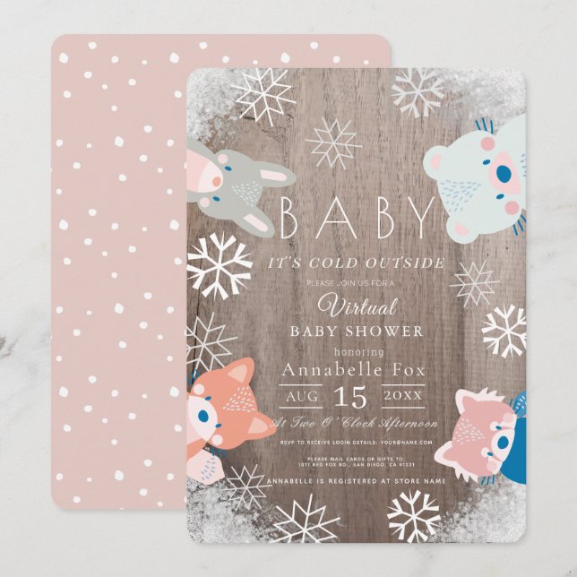 Invitation Hiver Bois Animaux Baby shower virtuel rose (Devant / Derrière)