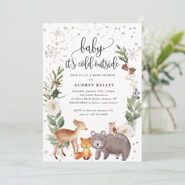 Invitation Hiver Bois Animaux Bébé Il fait froid Douche (Debout devant)