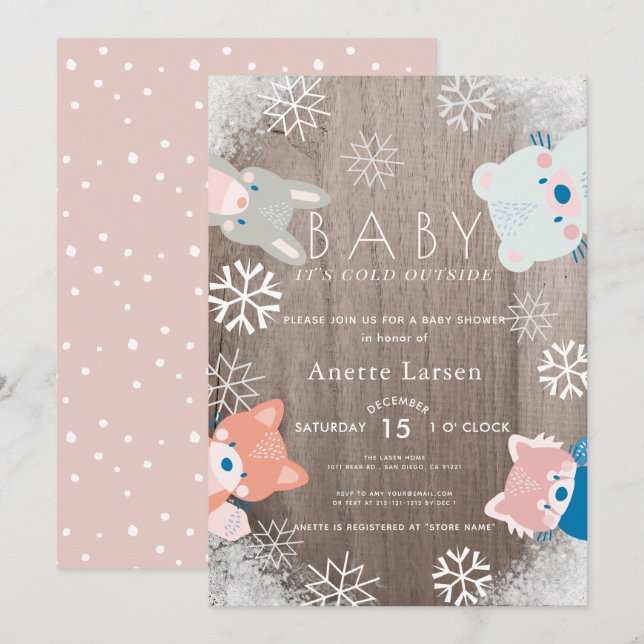 Invitation Hiver Bois Animaux Flocon de neige Baby shower ros (Devant / Derrière)
