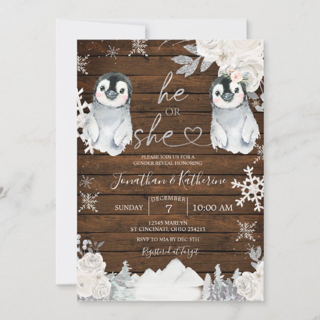 Invitation Hiver Bois Penguin Genre Révéler Lui ou Elle (Devant)
