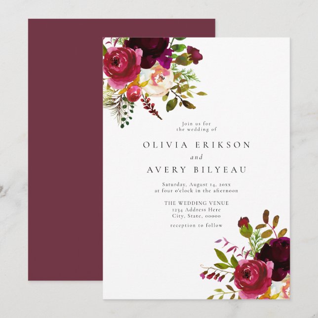 Invitation Hiver Bourgogne Maroon Marsala Mariage Floral (Devant / Derrière)