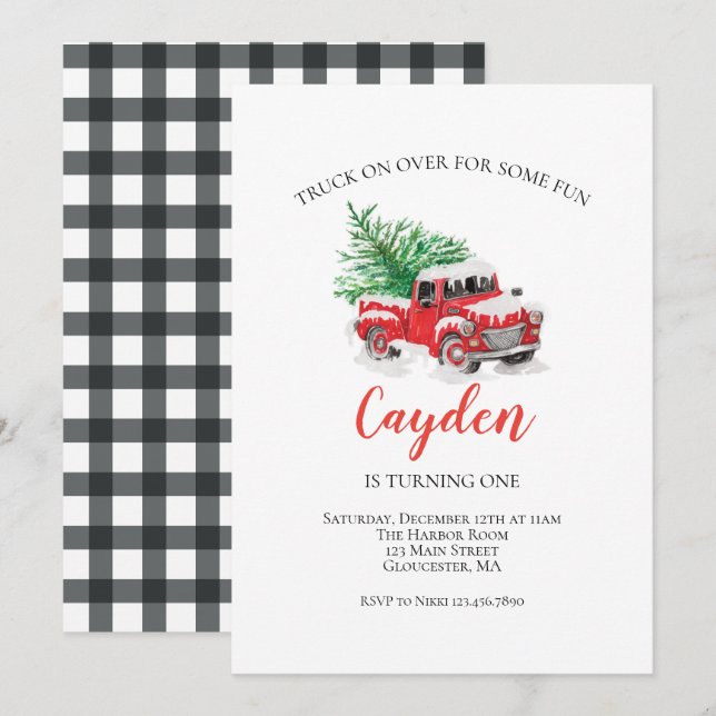 Invitation Hiver Camion Rouge Premier anniversaire (Devant / Derrière)