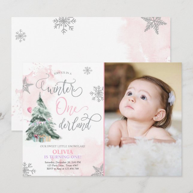 Invitation Hiver Fille Pink hiver Premier anniversaire (Devant / Derrière)
