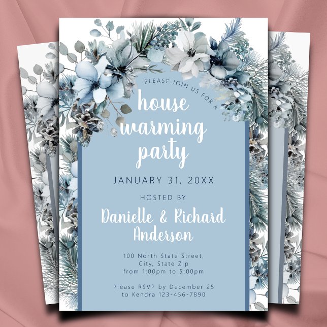 Invitation Hiver Floral Bleu Élégant Maison Fête de Réchauffe (Créateur téléchargé)