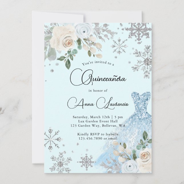 Invitation Hiver Floral Bleu Léger Et Quinceanera Argent (Devant)