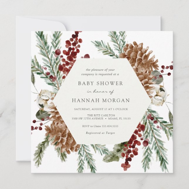 Invitation Hiver Floral et Baby shower vert Plaid (Devant)