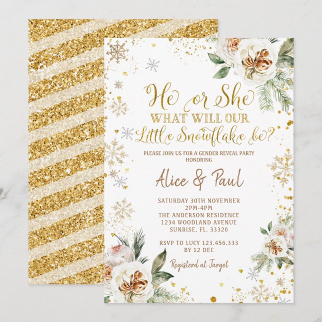 Invitation Hiver Floral Gold Snowflake Révélation genre  (Devant / Derrière)