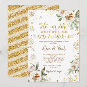 Invitation Hiver Floral Gold Snowflake Révélation genre