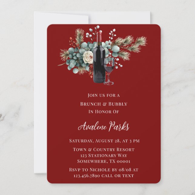 Invitation Hiver Floral Rouge Rose Brunch & Bubbly (Devant)