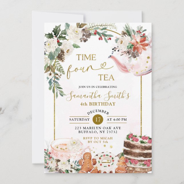 Invitation Hiver Floral Thé de Noël Quatrième fête d'annivers (Devant)