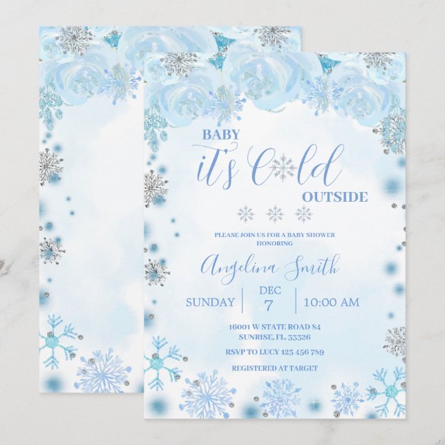 Invitation Hiver Froid à l'extérieur du Baby shower Blue Snow (Devant / Derrière)