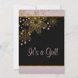 Invitation Hiver Gold Black Pink Snowflakes Baby Girl Douche