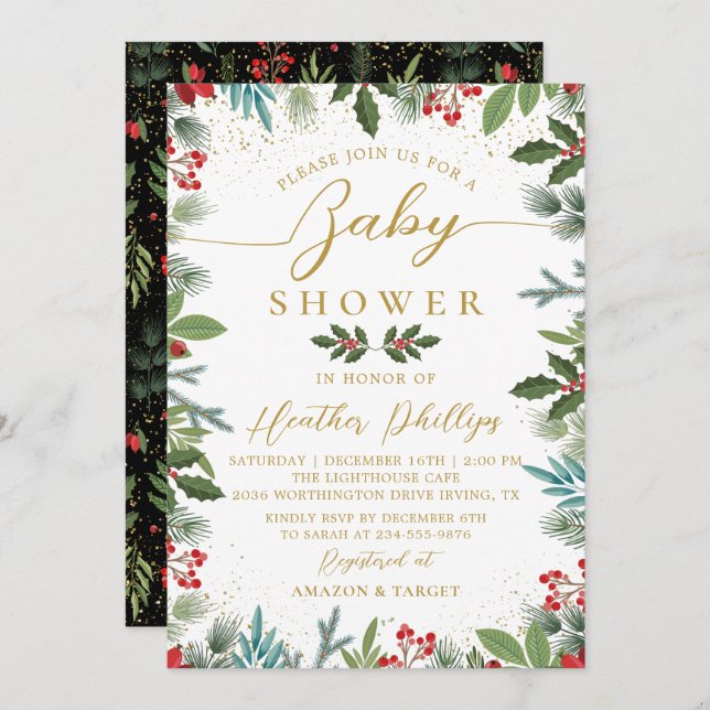 Invitation Hiver Holly Berries Baby shower de Noël (Devant / Derrière)